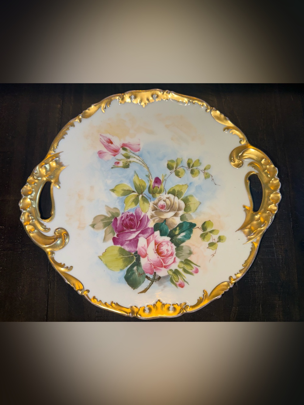 RARE Antique LIMOGES FRANCE Gold Handled Pink Roses Cake Plate Wall VENICE 1896